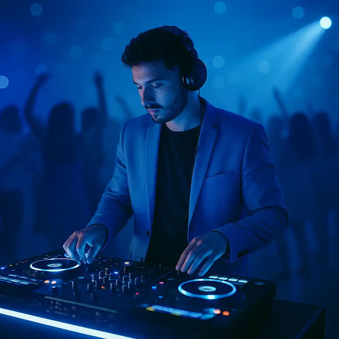 Cabina de DJ elegante con consola y vinilos timecode en una fiesta de 15