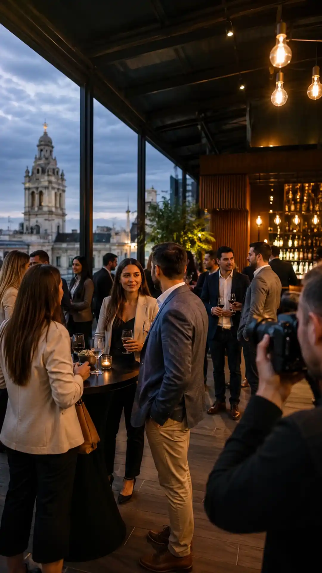 After office en Montevideo con invitados conversando, barra y ambiente corporativo