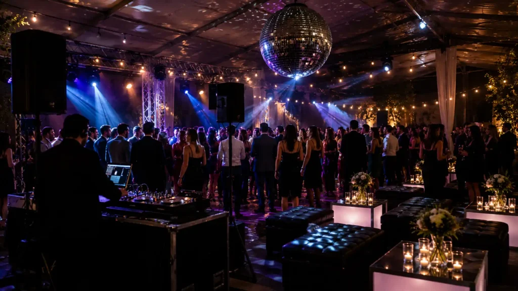 Fiesta elegante en carpa con luces, discoteca y bola de espejos en Montevideo