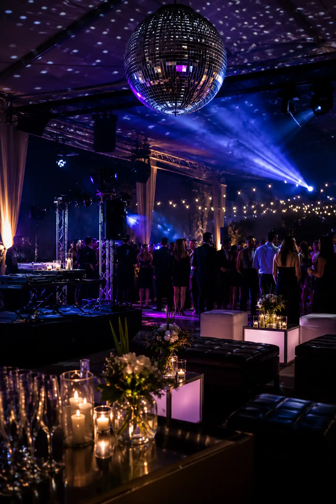 Fiesta elegante en carpa con luces, discoteca y bola de espejos en Montevideo