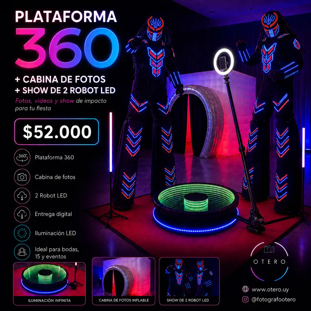 Combo Plataforma 360, cabina de fotos y robots LED para eventos