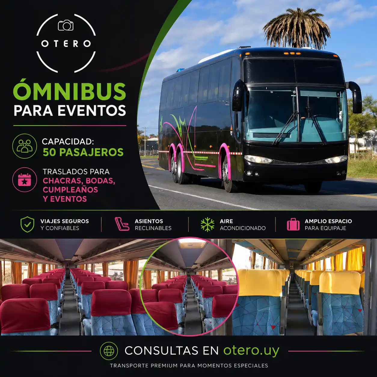 Servicio de ómnibus para traslado de 50 pasajeros a chacras y fiestas