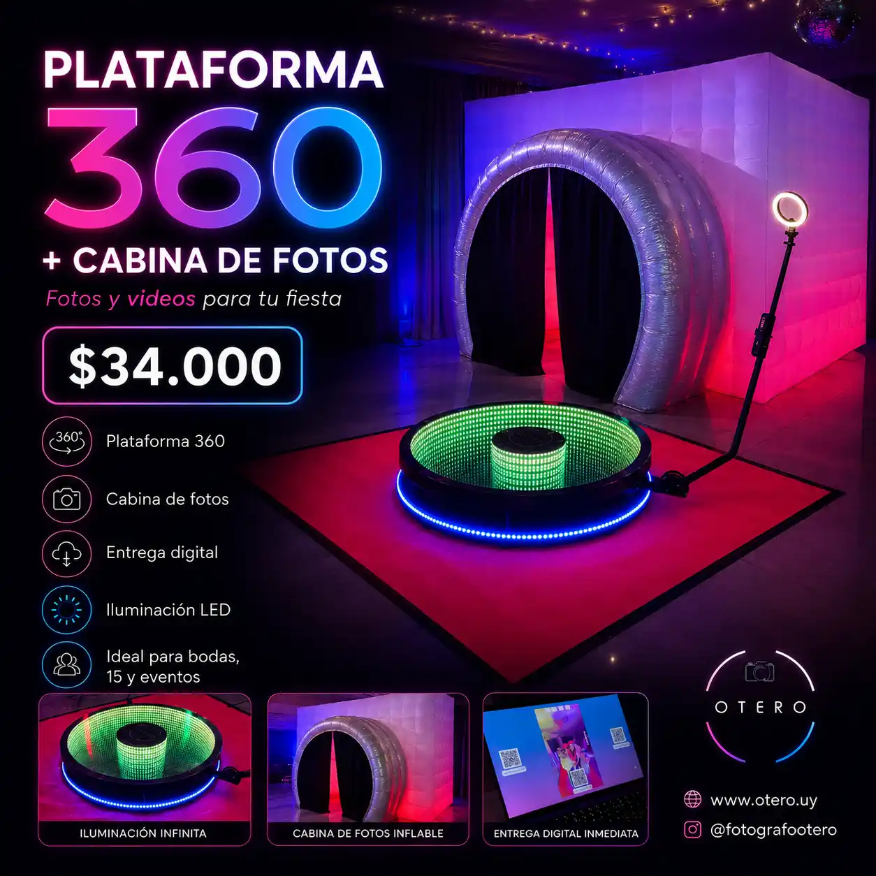 Combo de Plataforma 360 y cabina de fotos para eventos