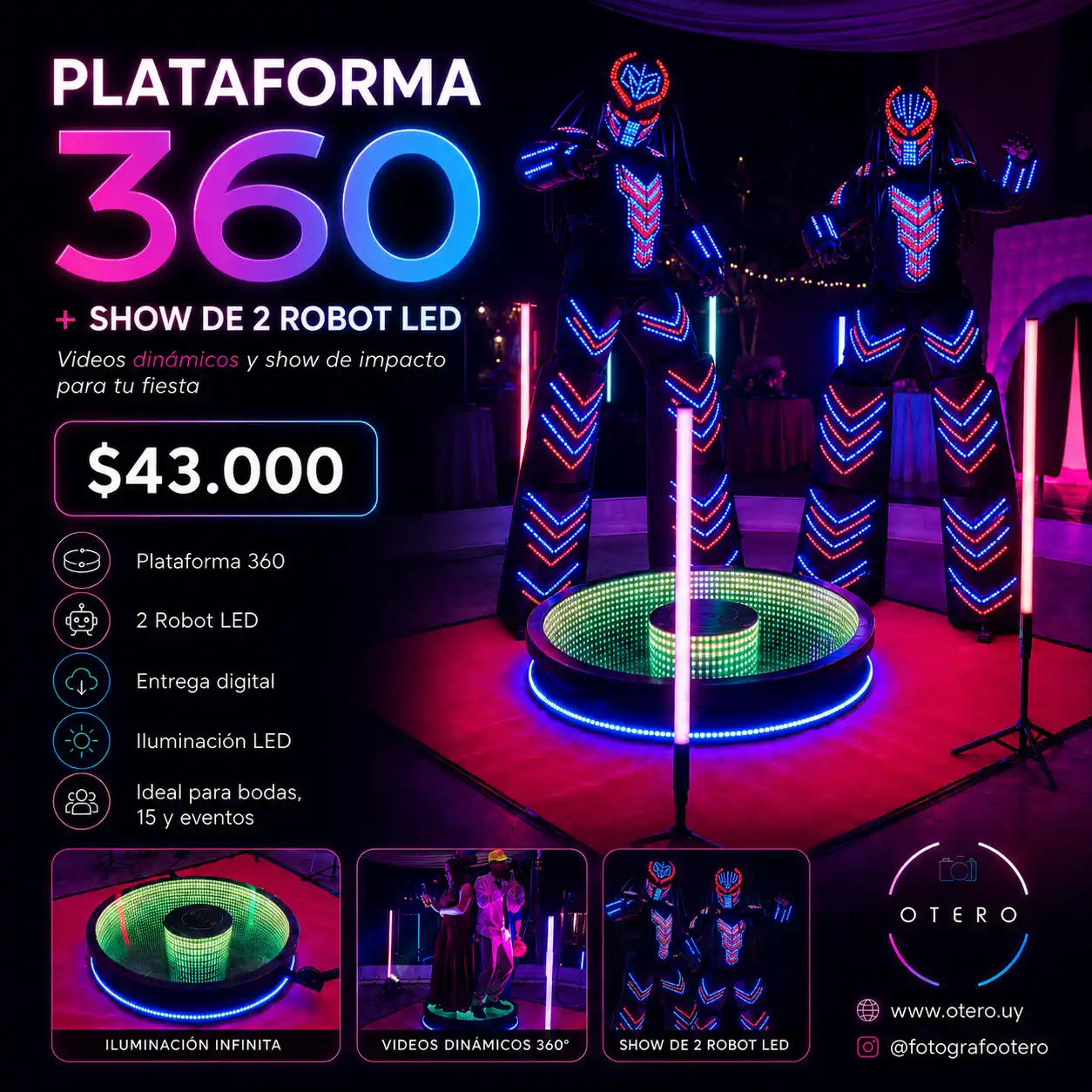 Combo Plataforma 360 y dos robots LED para fiestas