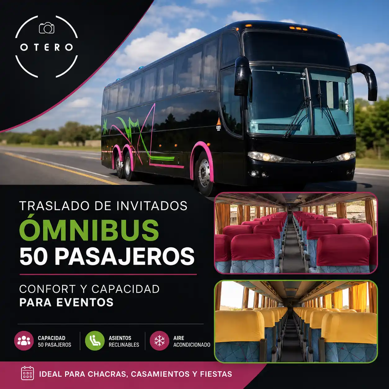 Ómnibus de 50 pasajeros para eventos con vistas exteriores e interiores