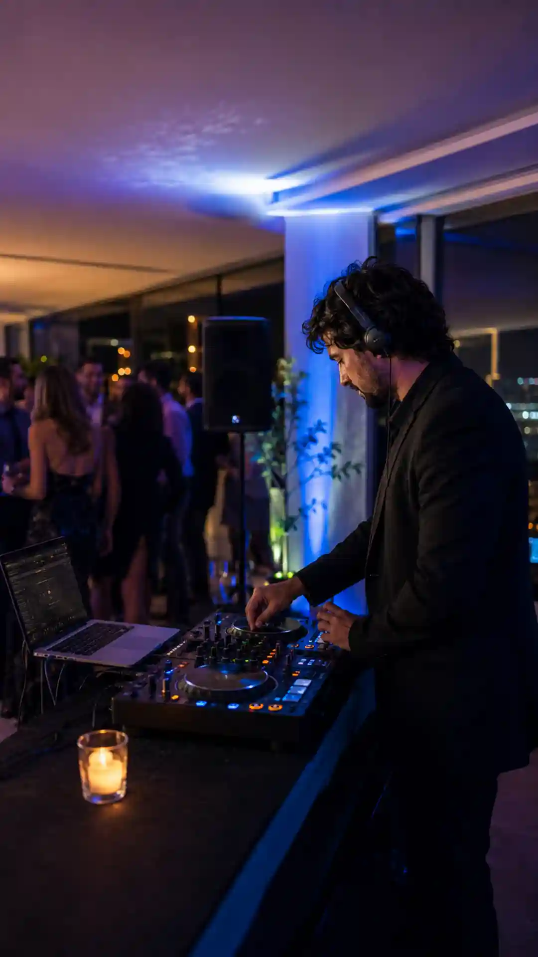 DJ profesional con consola, sonido e iluminación en una fiesta de Montevideo
