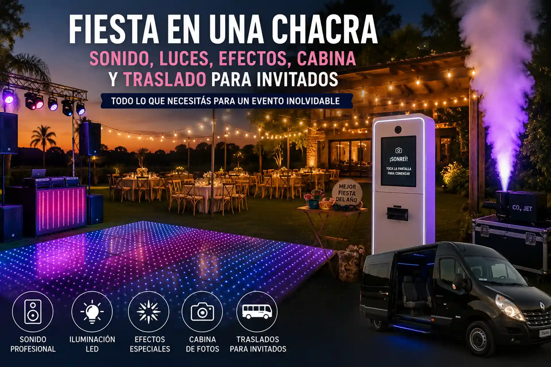 Fiesta en una chacra en Montevideo: qué contratar de sonido, luces, efectos, cabina y traslado