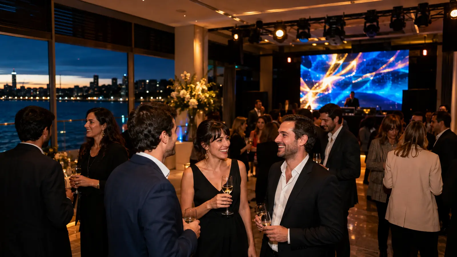 Fiesta de fin de año empresarial en Montevideo con pantalla LED e iluminación profesional