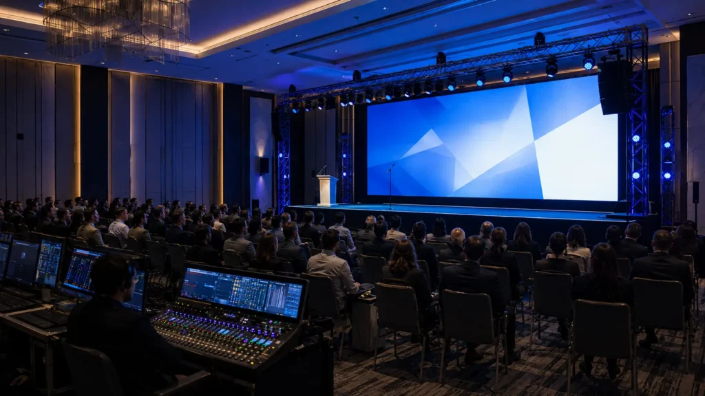 Producción técnica para evento corporativo con pantalla LED, sonido e iluminación en Montevideo