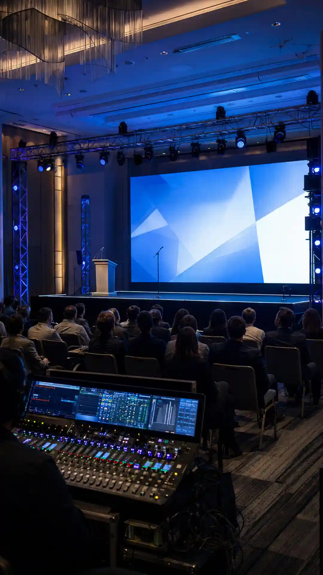 Control técnico de sonido, pantalla e iluminación durante un evento corporativo en Montevideo