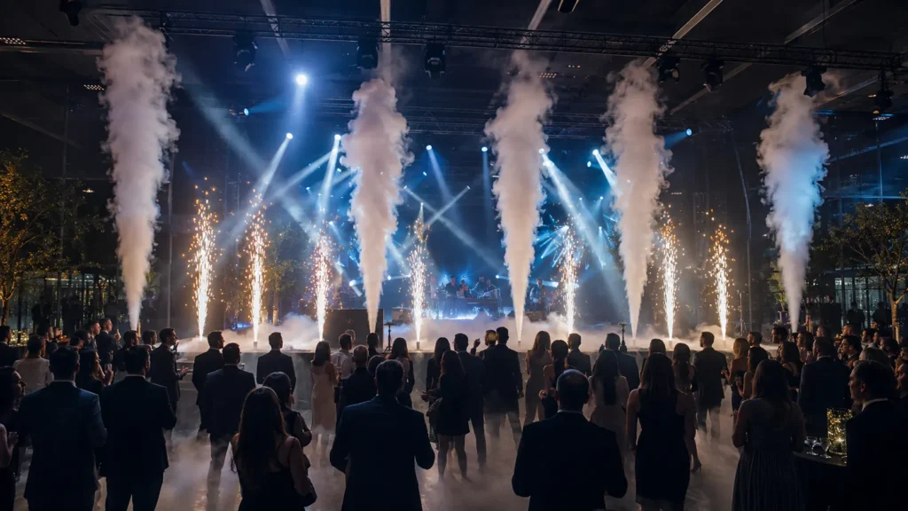 Efectos especiales con CO₂, chispas frías y humo bajo en un evento en Uruguay