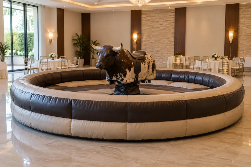 Toro mecánico conceptual con colchoneta en un salón de eventos