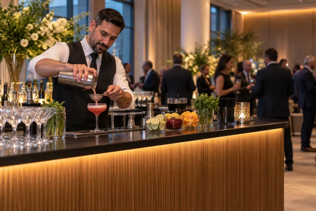 Bartender preparando un cóctel en una recepción empresarial conceptual