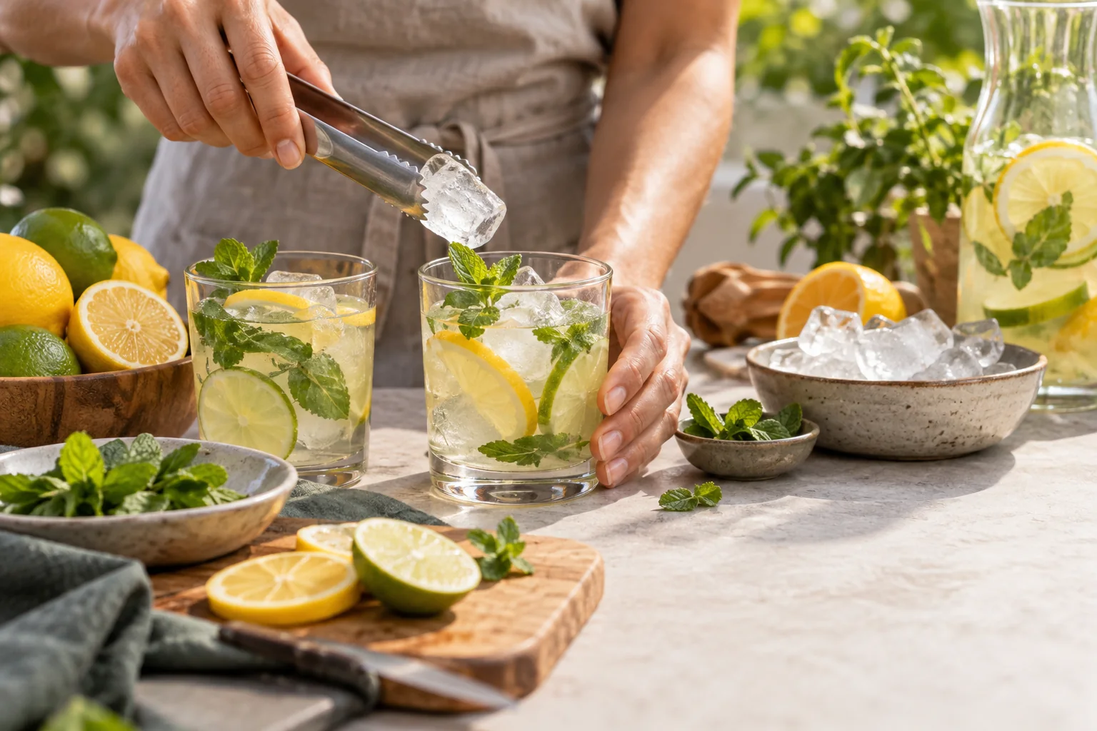 Preparación de una bebida con cítricos, hielo y hierbas Preparación de una bebida con cítricos, hielo y hierbas