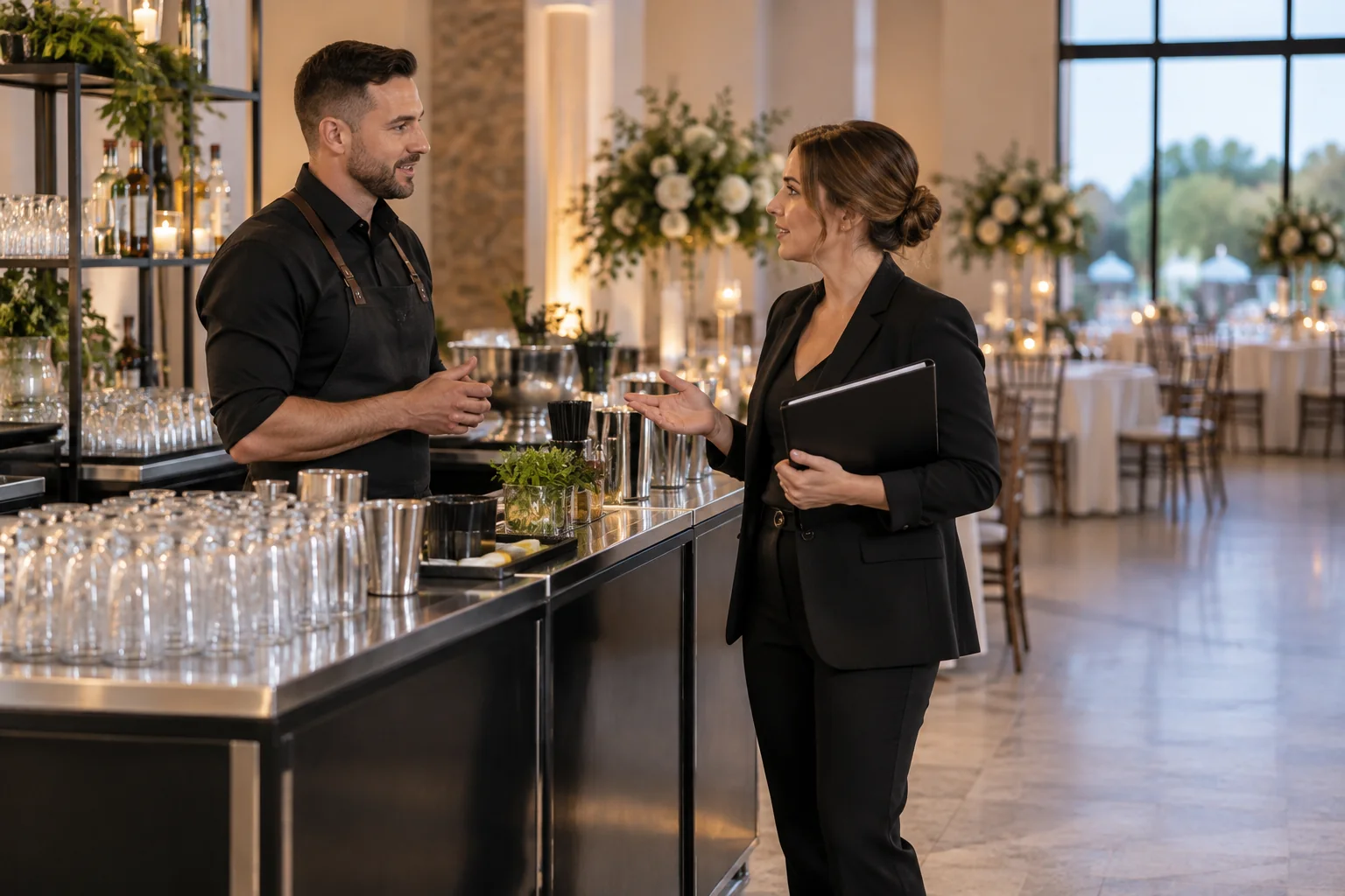 Coordinadora conversando con bartender antes de una recepción Coordinadora conversando con bartender antes de una recepción