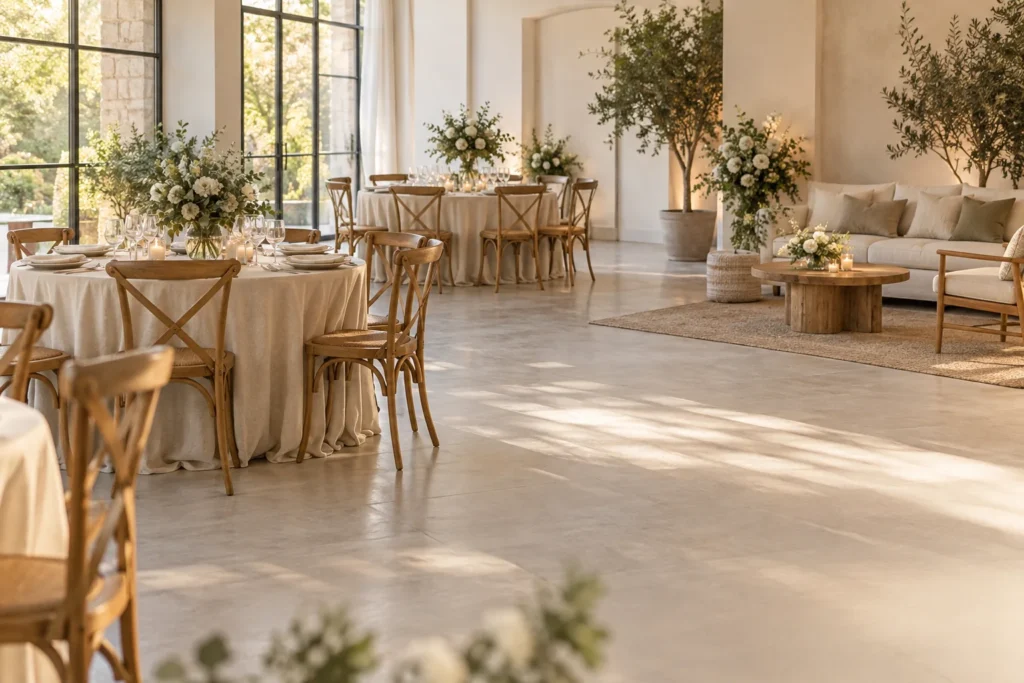 Salón de boda conceptual con mesas, sillas y un sector de living