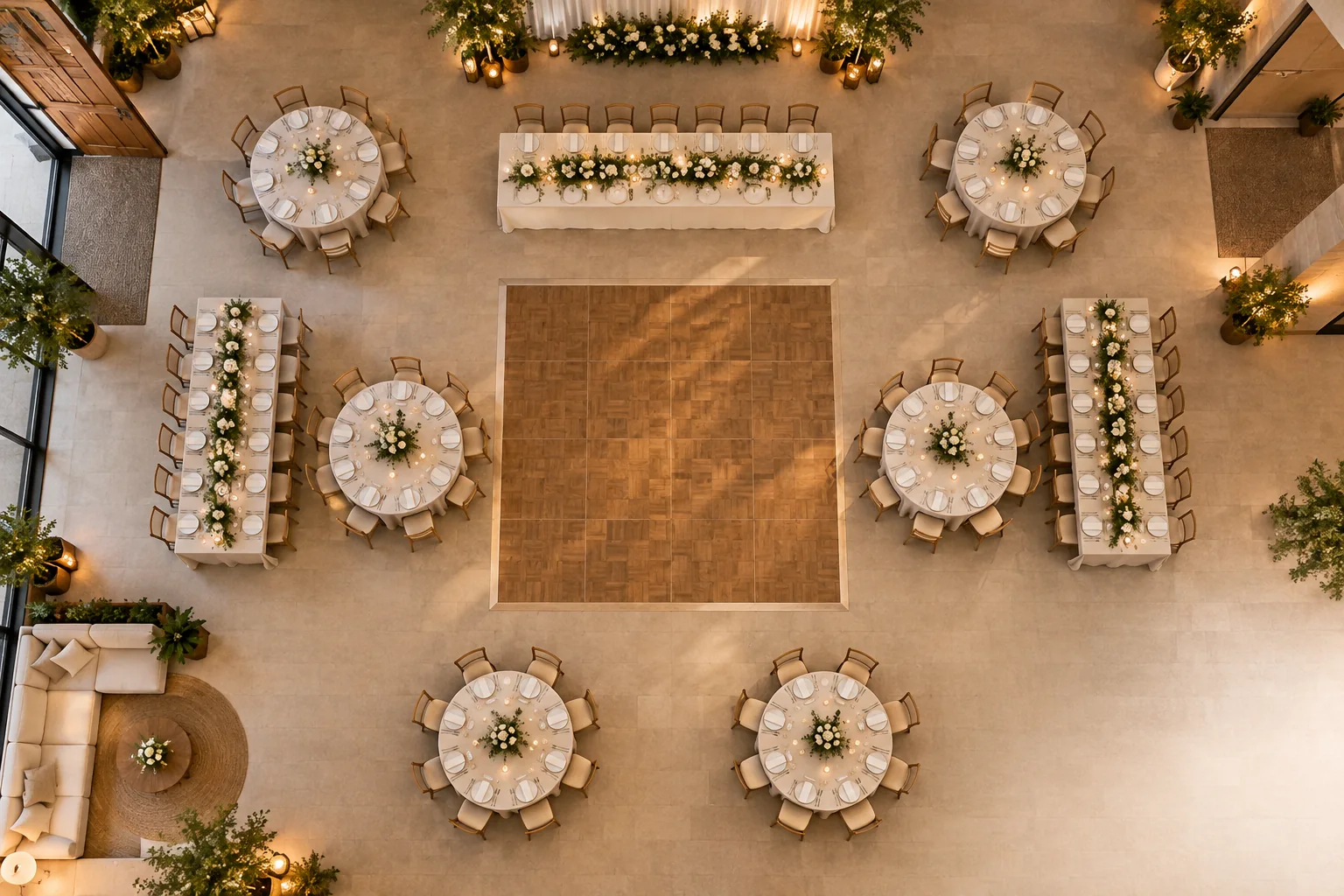 Distribución conceptual de mesas, pista y accesos en un salón de boda