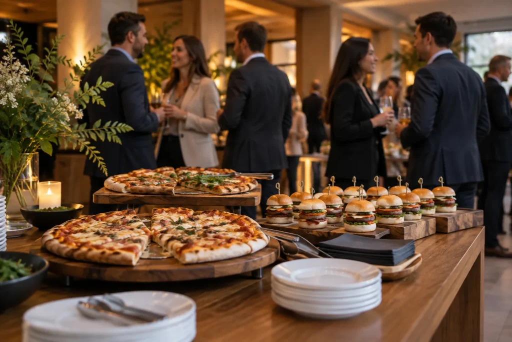 Presentación conceptual de pizzas y pequeños sándwiches en catering