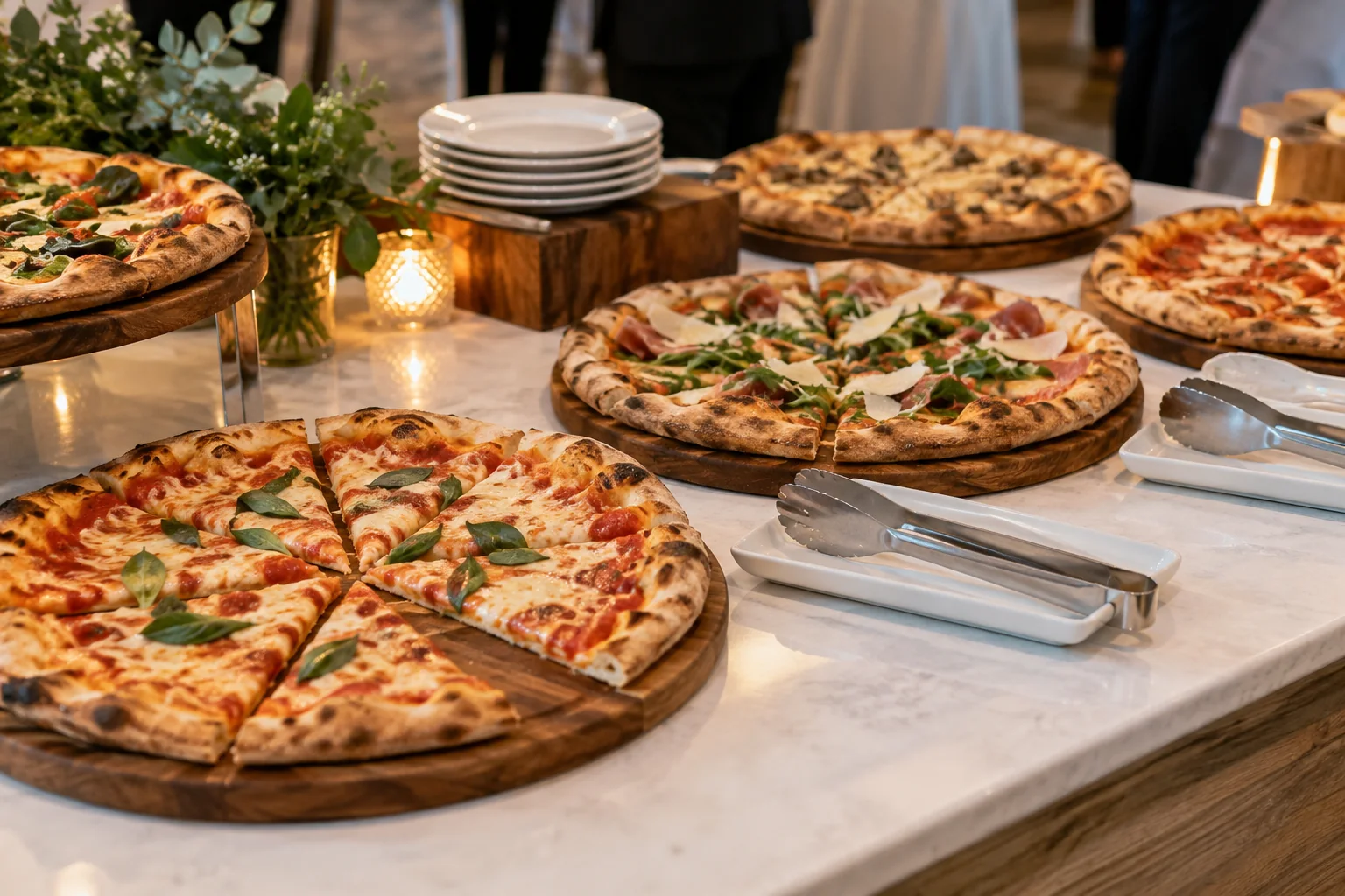 Pizzas en porciones con utensilios de servicio independientes Pizzas en porciones con utensilios de servicio independientes