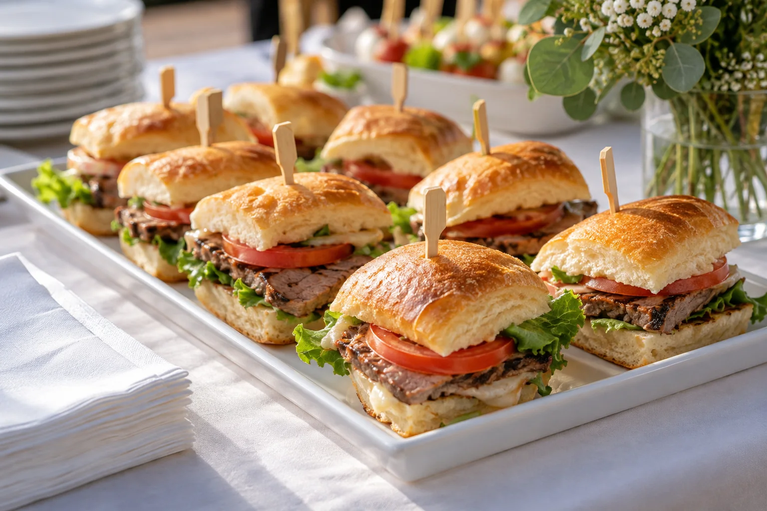 Pequeños sándwiches estilo chivito presentados en una fuente Pequeños sándwiches estilo chivito presentados en una fuente