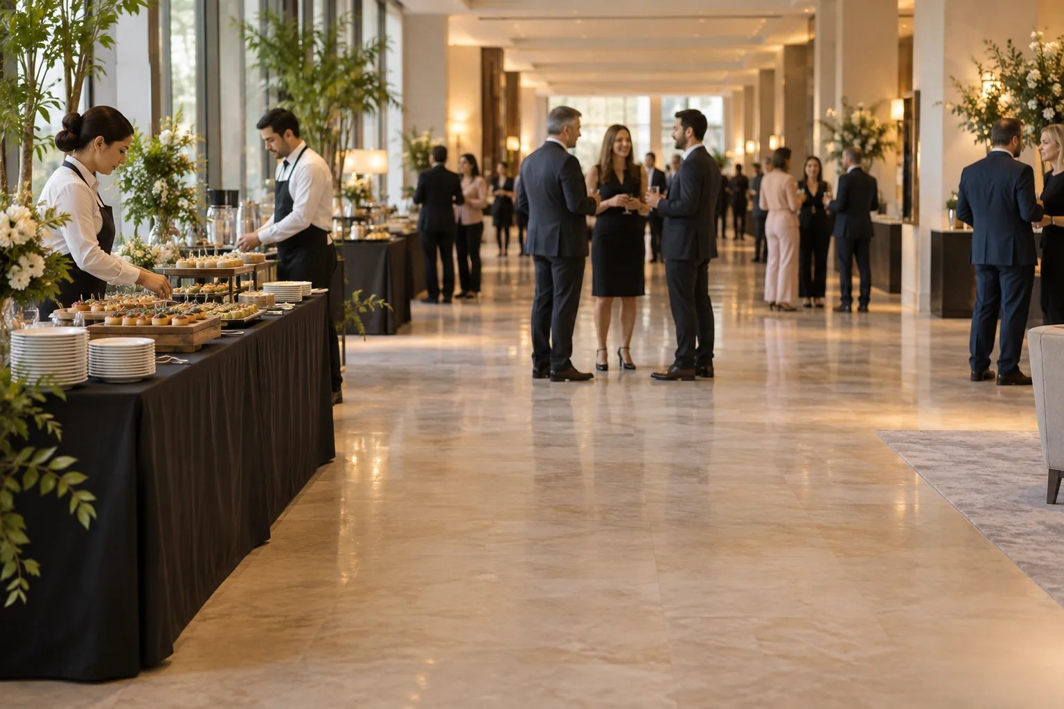 Recepción conceptual con catering lateral y circulación libre Recepción conceptual con catering lateral y circulación libre