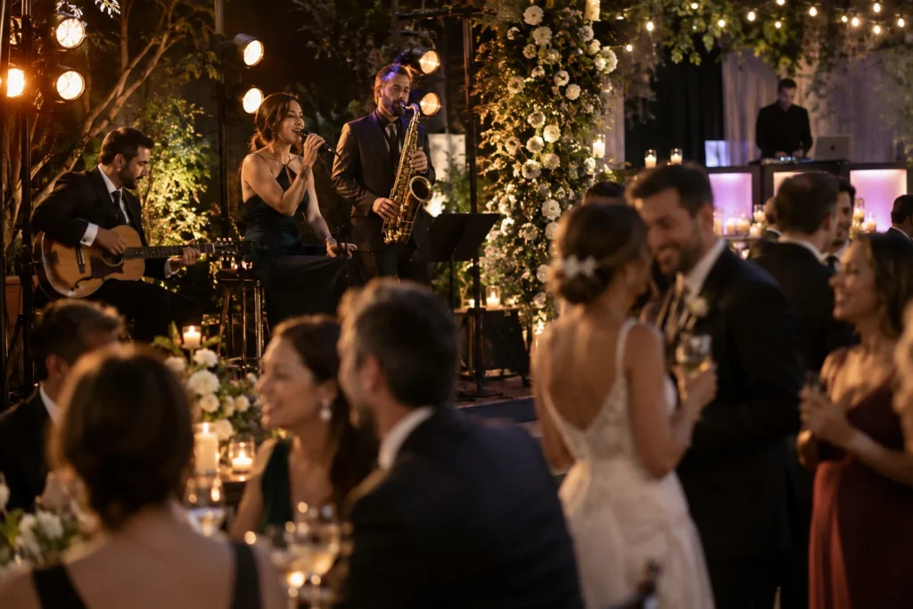 Músicos y DJ genéricos en una celebración de boda conceptual