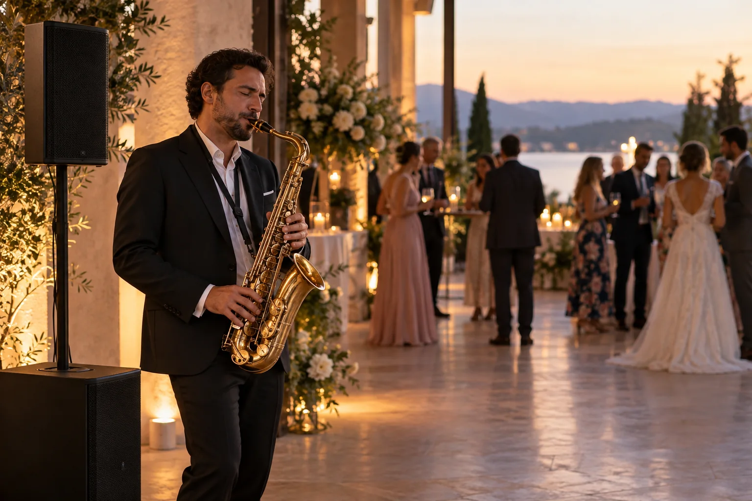 Saxofonista genérico acompañando una recepción de boda Saxofonista genérico acompañando una recepción de boda