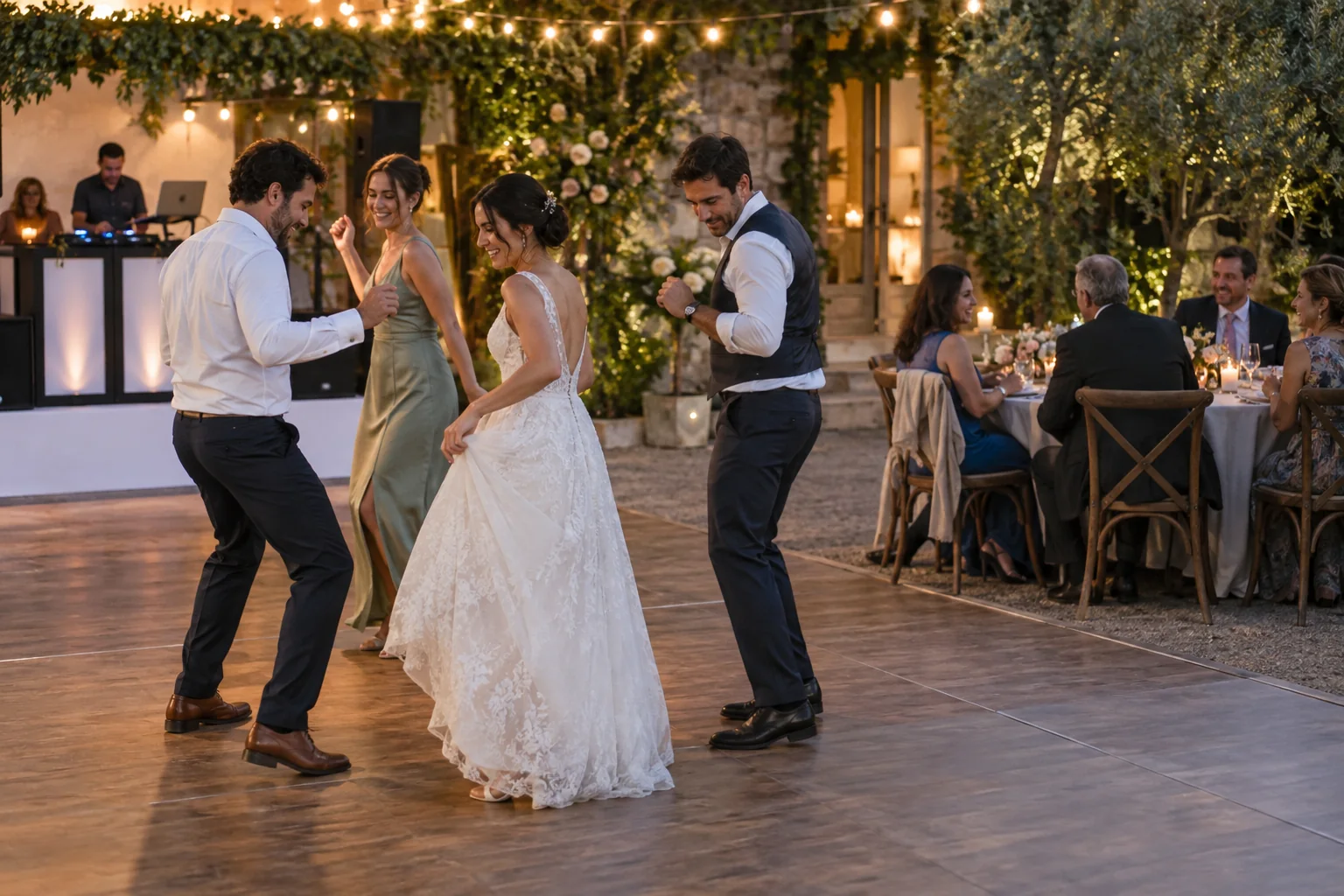 Adultos bailando y conversando en sectores de una boda conceptual Adultos bailando y conversando en sectores de una boda conceptual