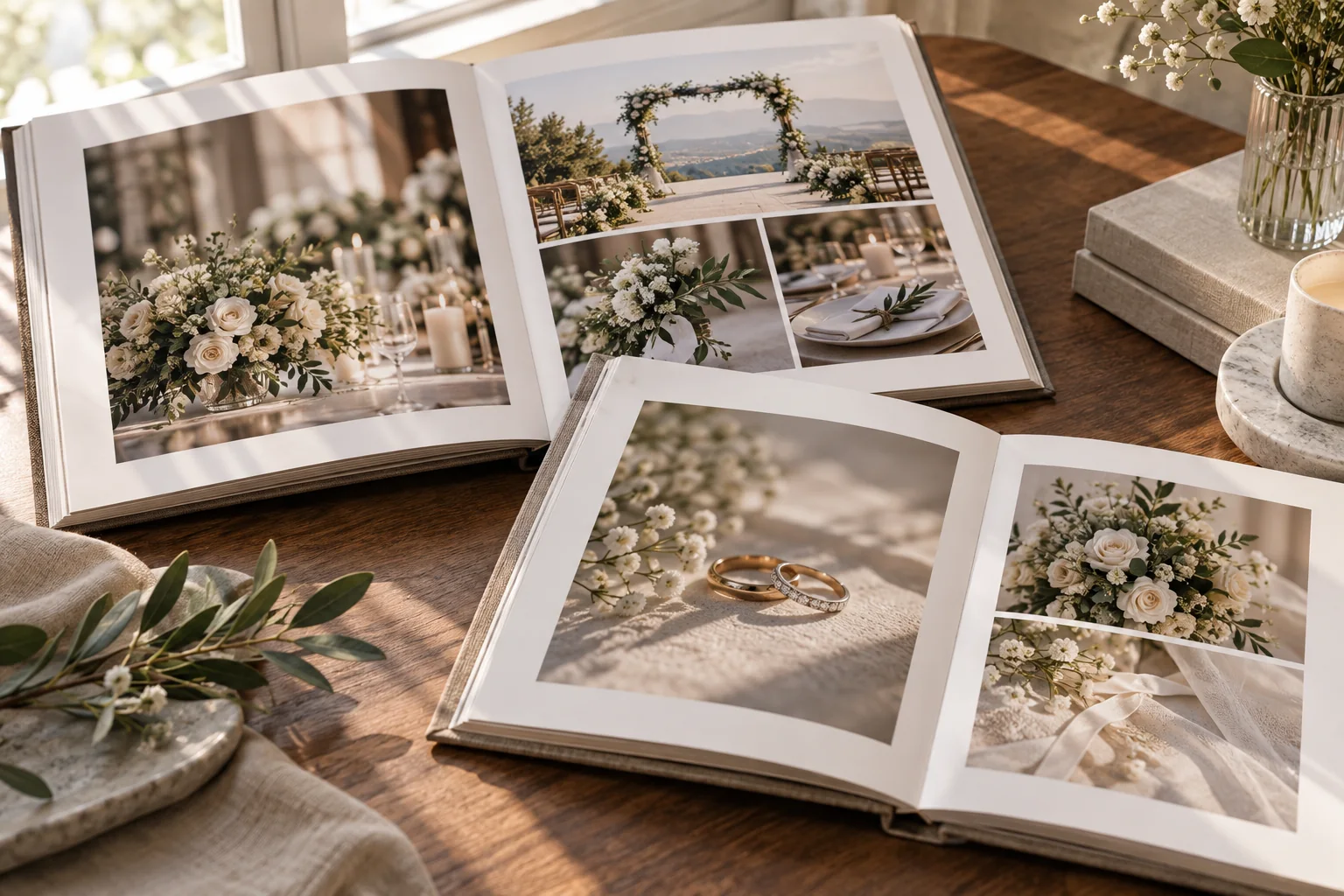 Álbumes de boda abiertos con imágenes ilustrativas de detalles Álbumes de boda abiertos con imágenes ilustrativas de detalles
