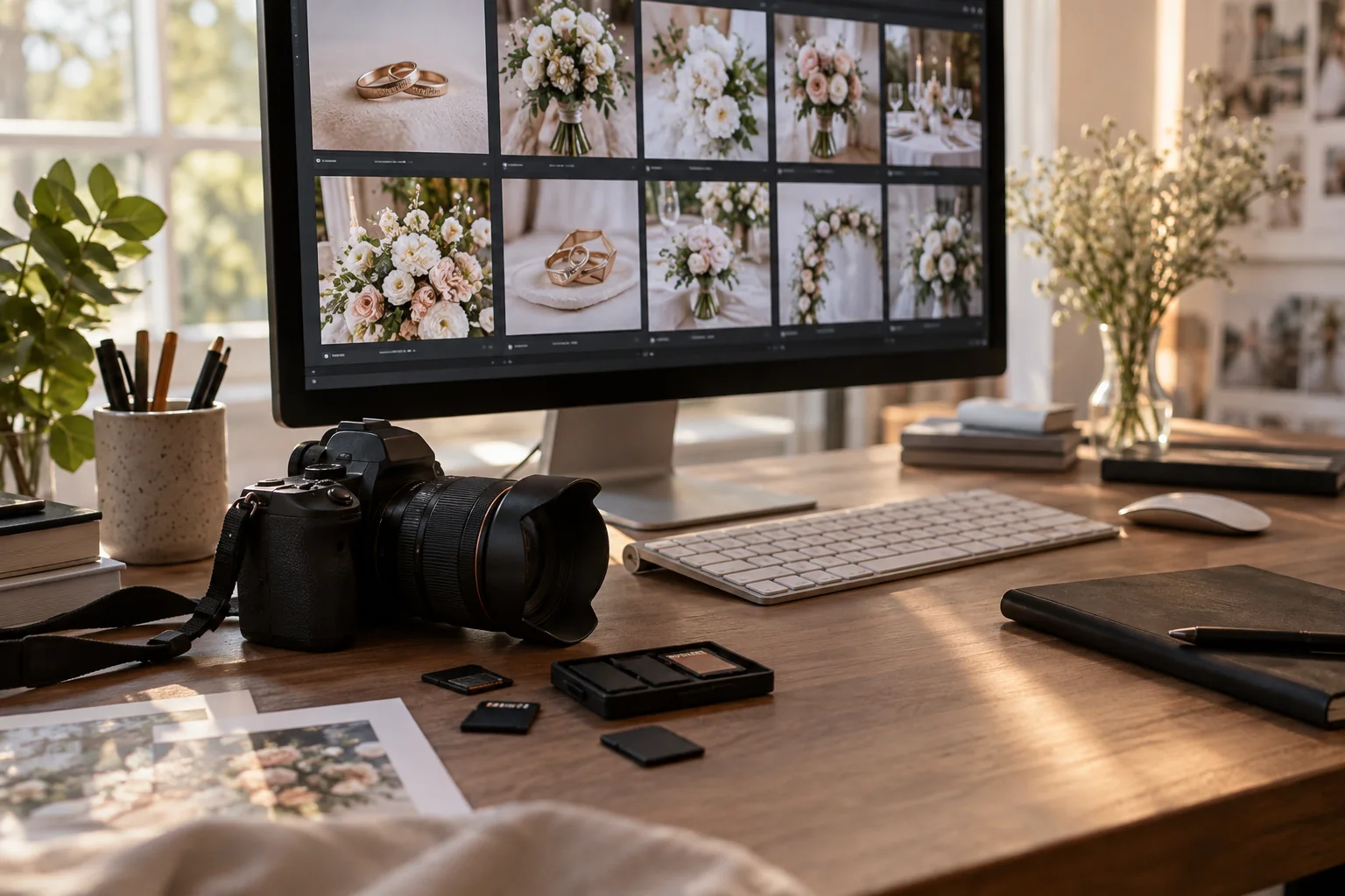 Cámara y tarjetas de memoria junto a una pantalla con fotografías de boda Cámara y tarjetas de memoria junto a una pantalla con fotografías de boda