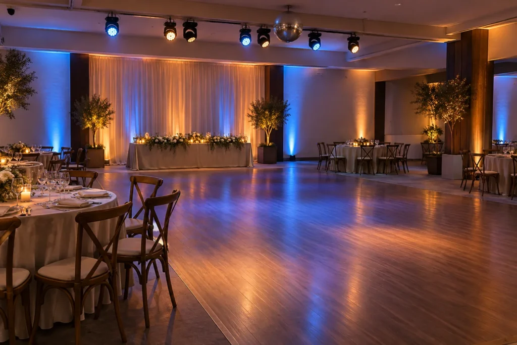 Salón de eventos conceptual iluminado en azul y ámbar
