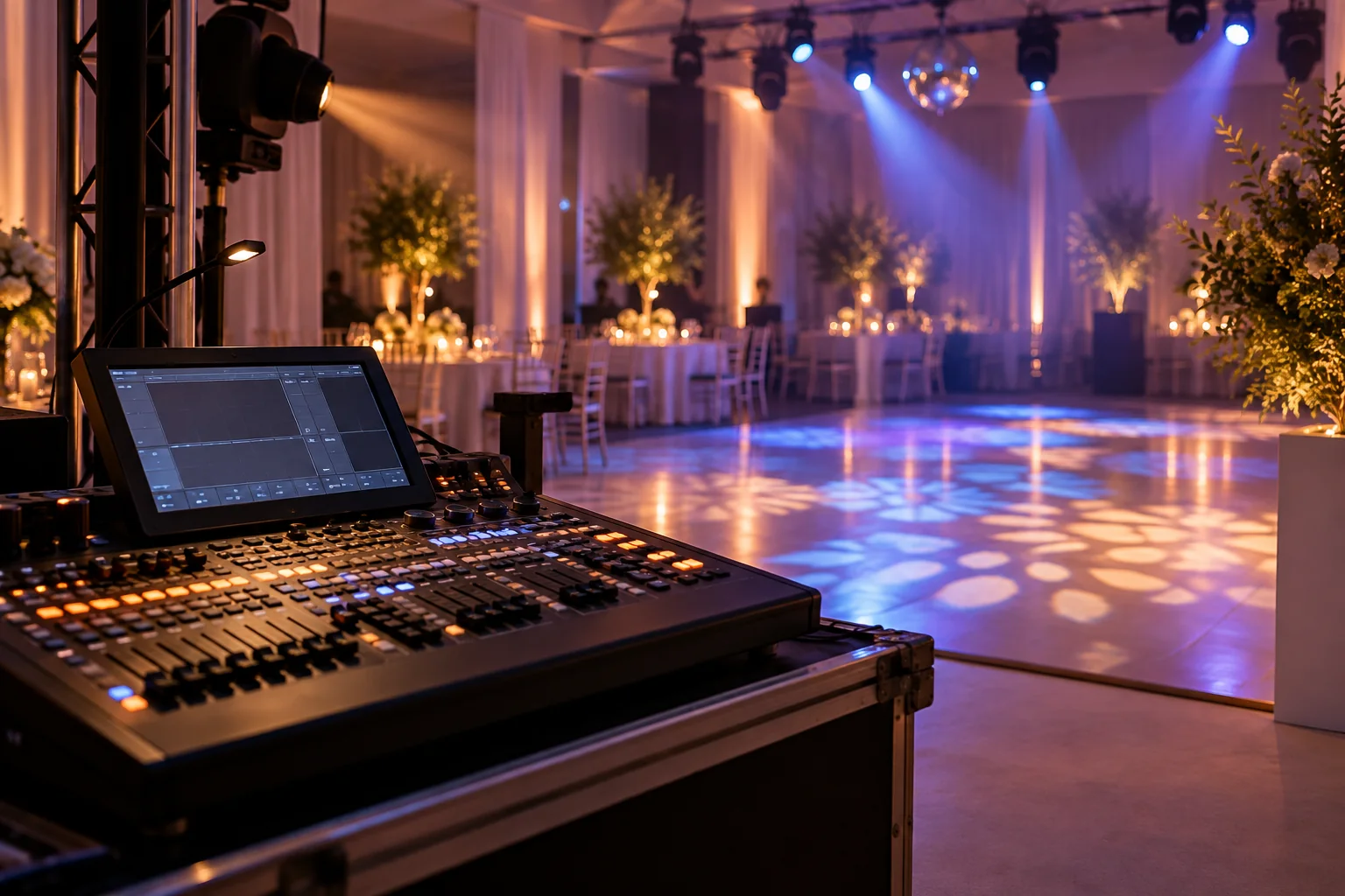 Consola de iluminación en un lateral del salón de eventos Consola de iluminación en un lateral del salón de eventos