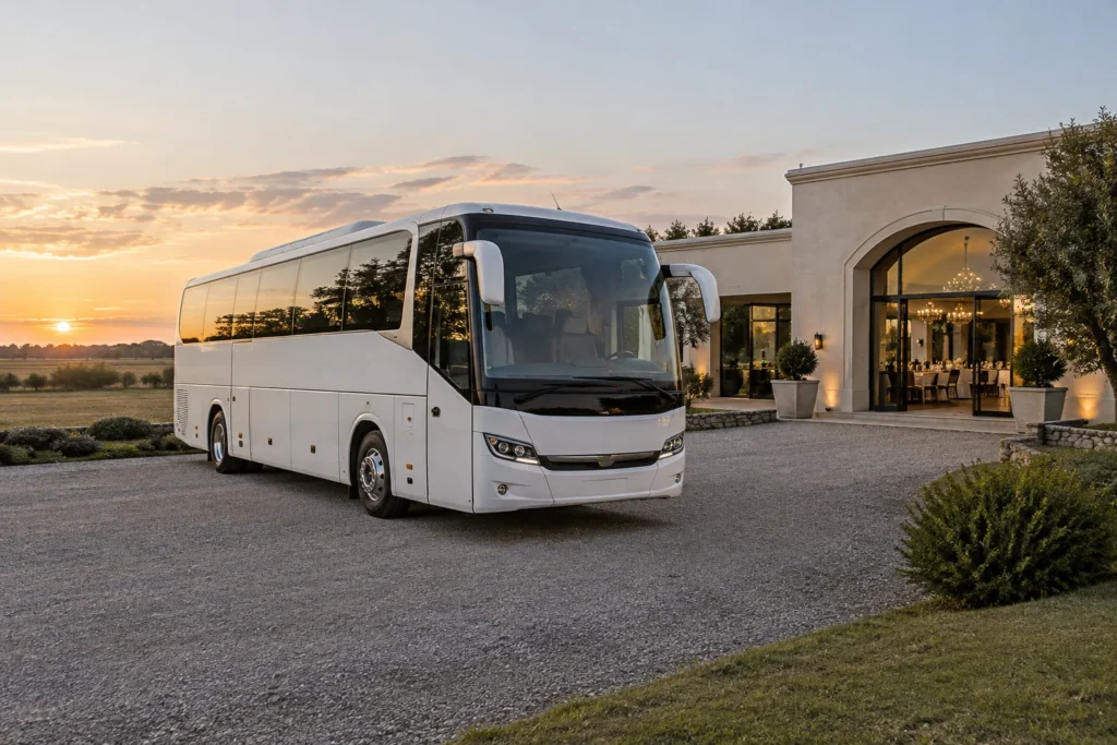 Ómnibus genérico estacionado junto al acceso amplio de un salón