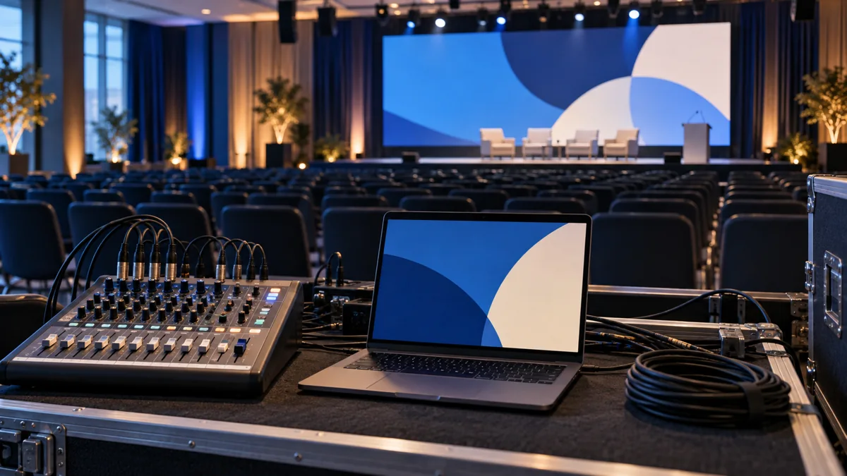 Control sonido pantalla eventos Ilustración de una consola de audio y computadora frente a un escenario con pantalla