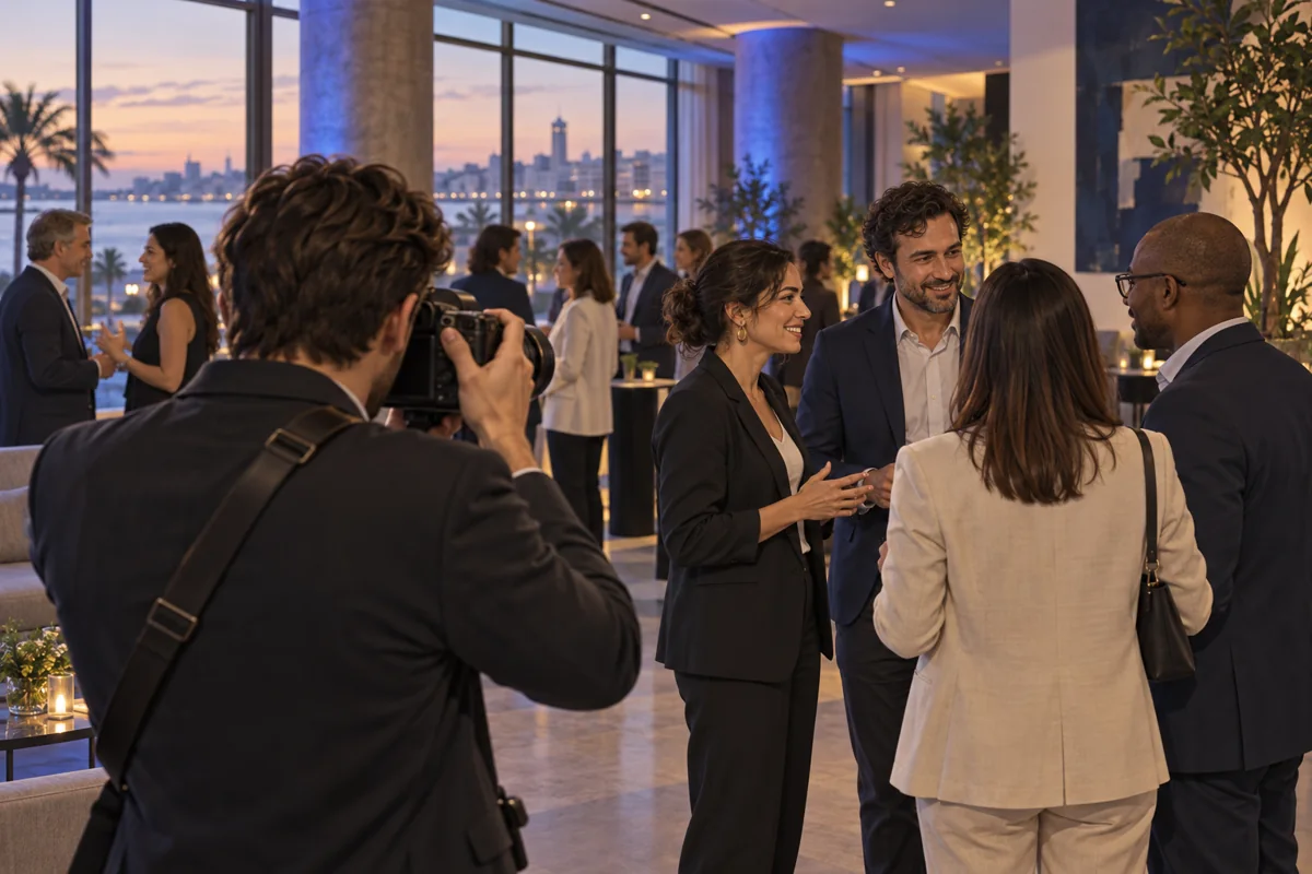 Ilustración de un fotógrafo captando conversaciones y ambiente en un encuentro empresarial
