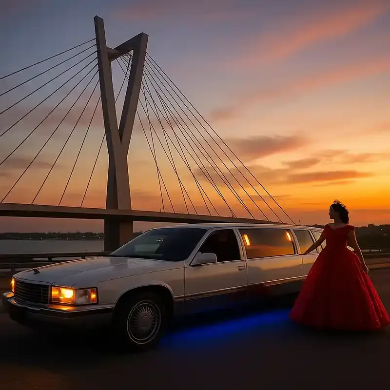 Limusina blanca para eventos al atardecer con quinceañera vestida de rojo junto a un puente iluminado