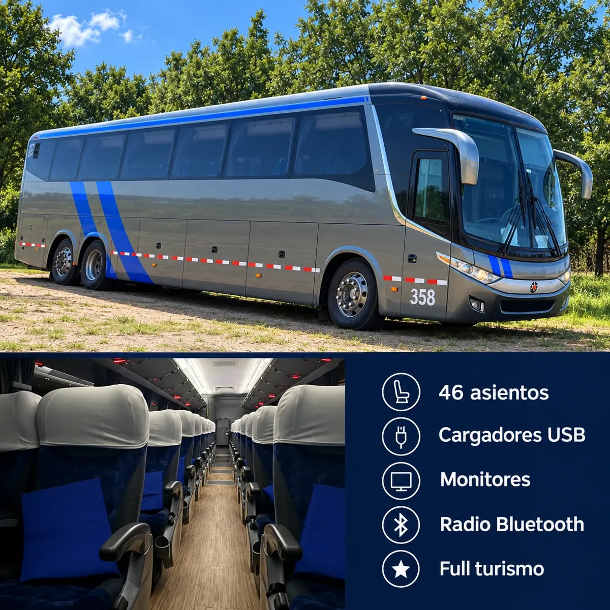 omnibus-02 Ómnibus de 46 asientos con cargadores USB, monitores, radio Bluetooth y equipamiento full turismo