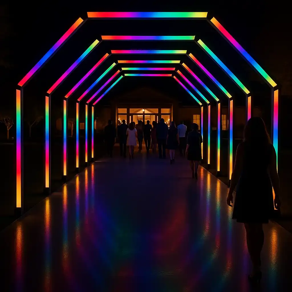 Túnel LED hexagonal iluminado con luces RGB para eventos nocturnos en Uruguay.